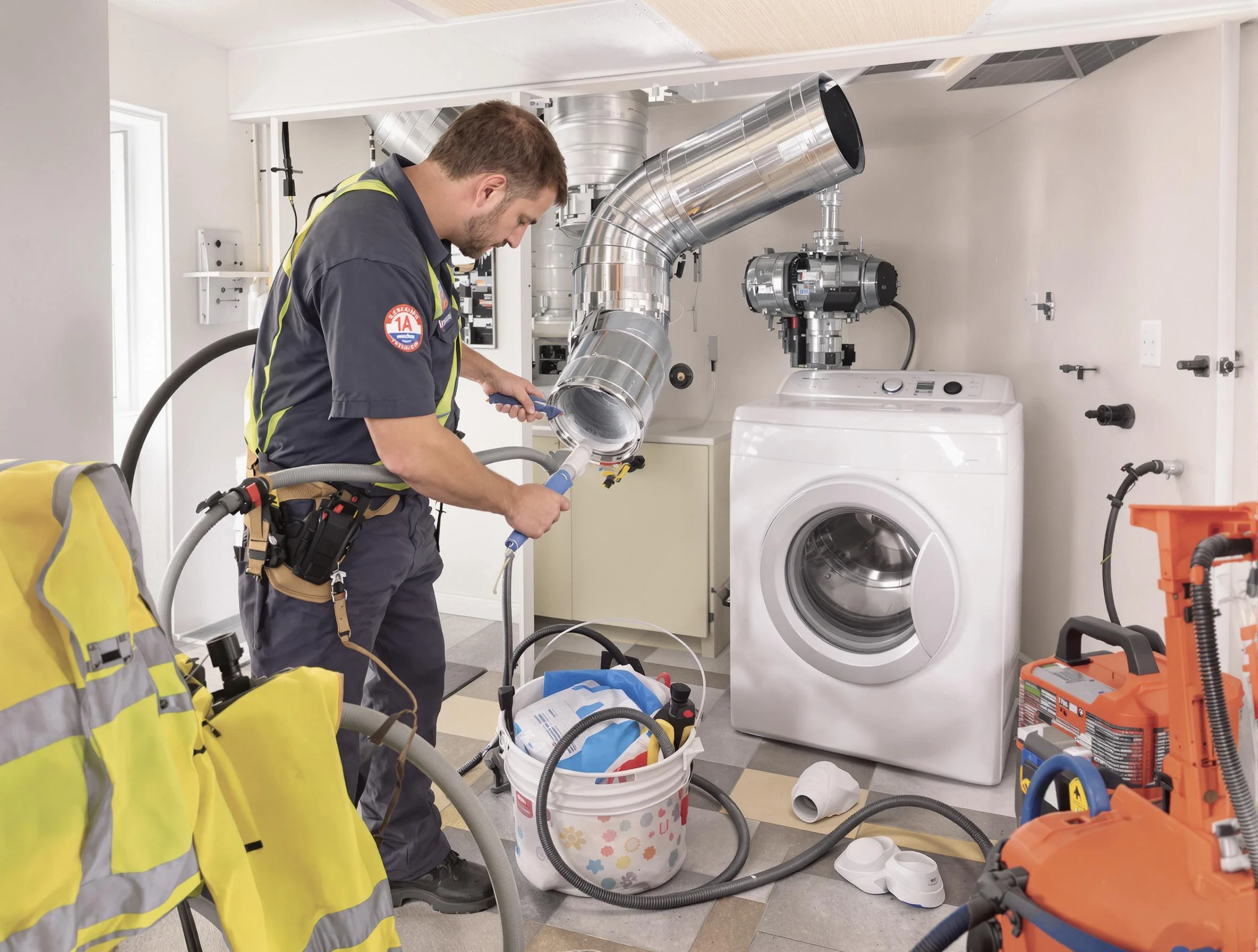 Franklin Dryer Vent Cleaning technician using specialized equipment to clear severe dryer vent blockage in Franklin